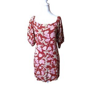 Flynn Skye Women's Small Red Floral Maiden Mini Dress Puff Sleeve Rayon Feminine